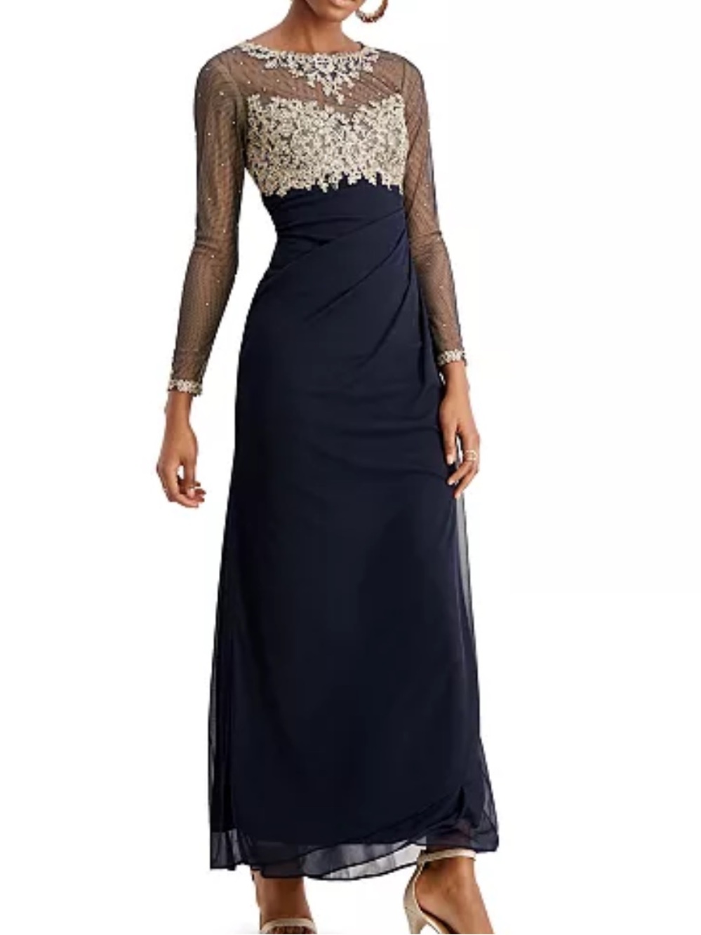 Xscape Navy Gown with Champagne Beaded Bodice